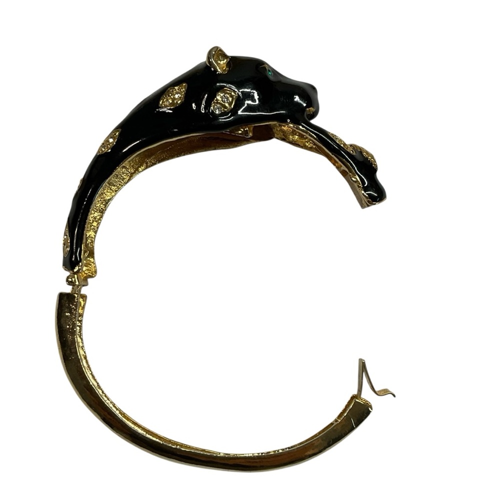 Vintage Black and Gold Enameled Panther Leopard Hinged Closure Bangle Bracelet - Picture 9 of 12